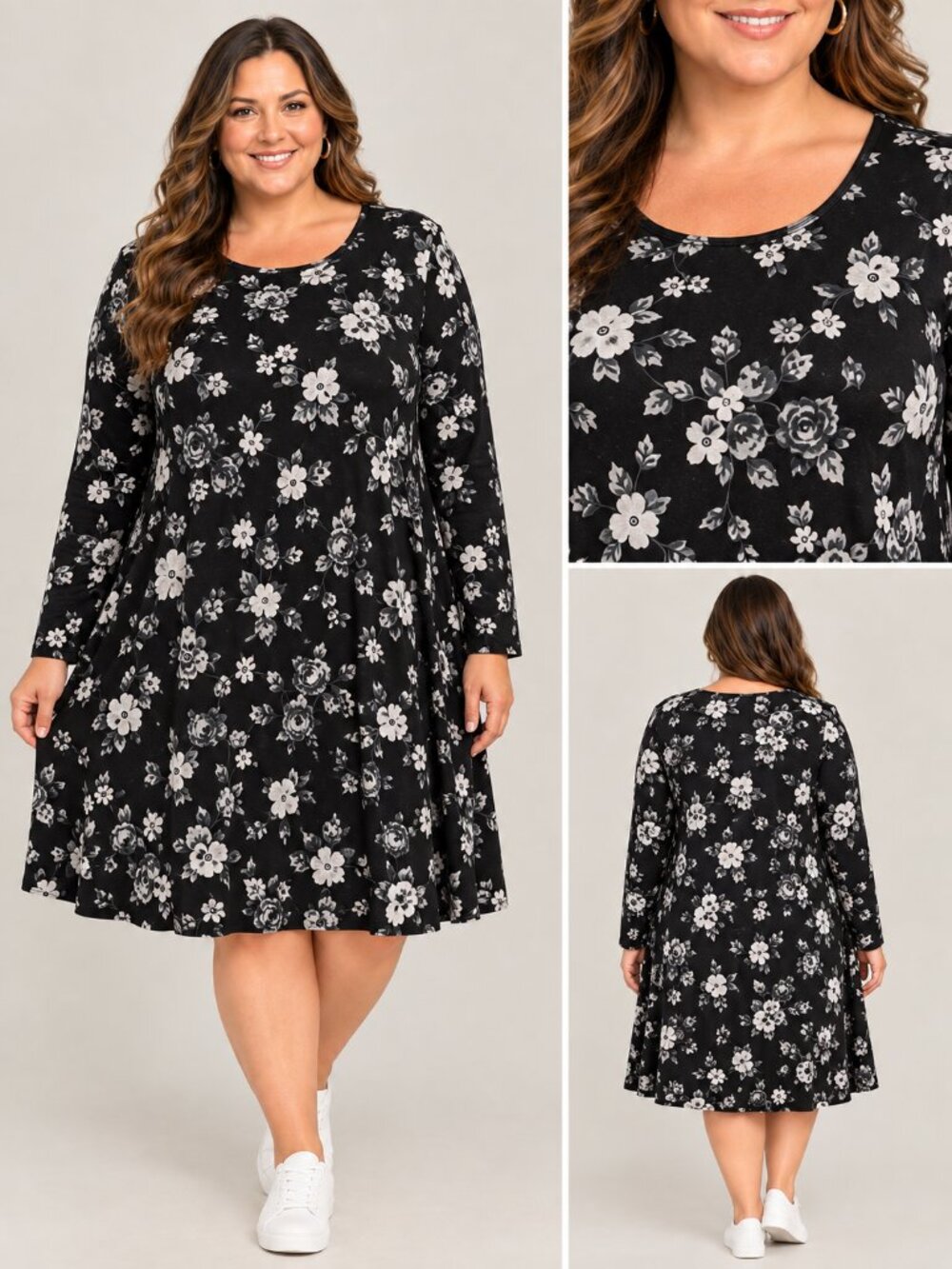 Old Navy Black & White Floral Long Sleeve Knit Swing Dress Size L 🖤